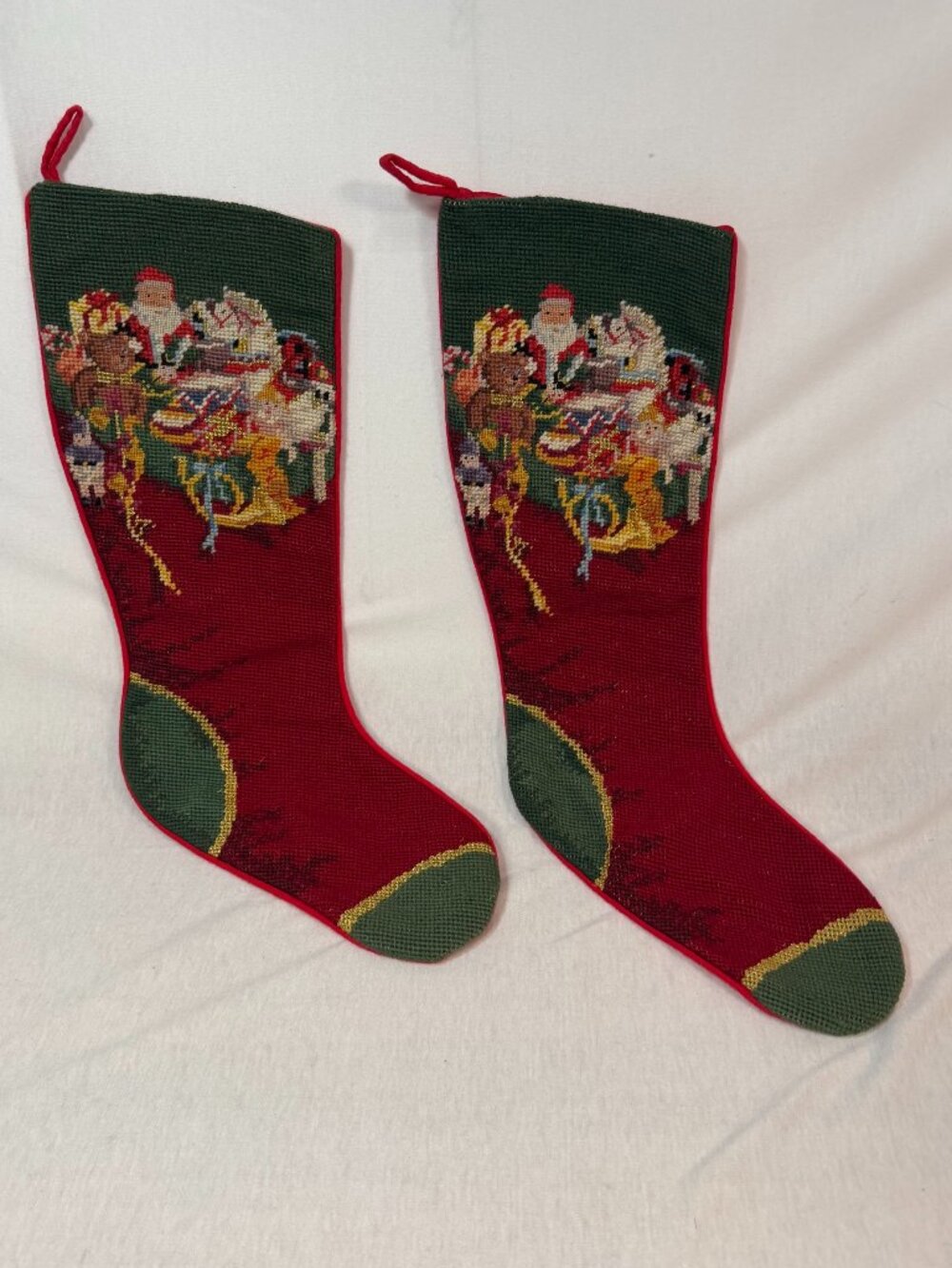 Peking Handicraft Needlepoint Stockings Pair 18" Vintage Wool Christmas Santa